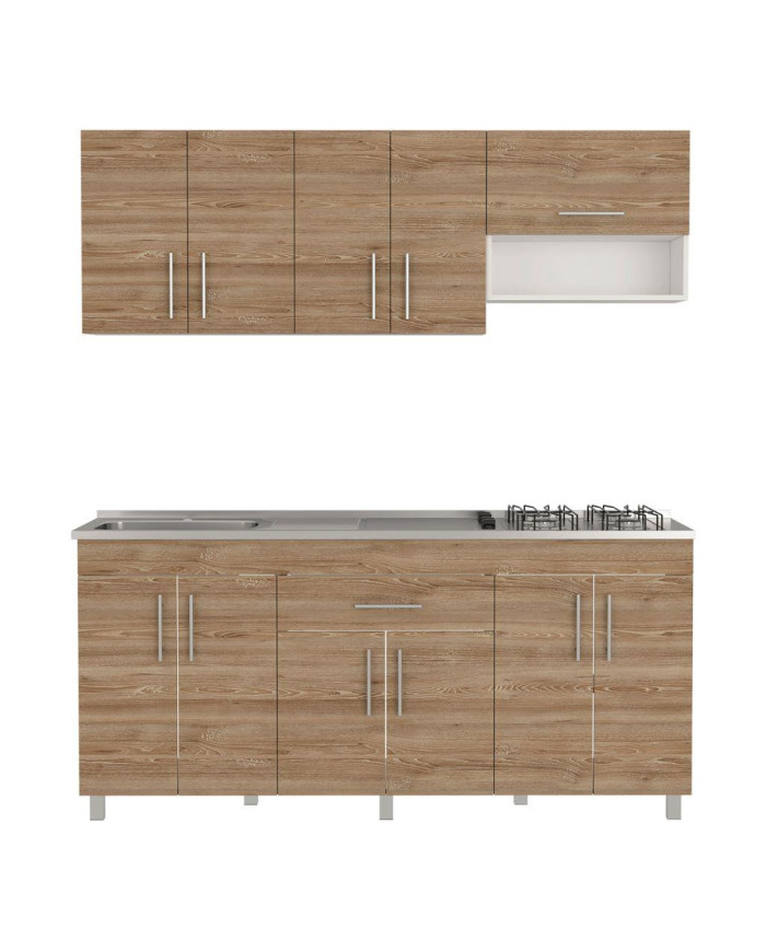 Cocina Integral Carson, Miel y Blanco, Incluye Mesón Izquierdo En Acero Inoxidable y Estufa