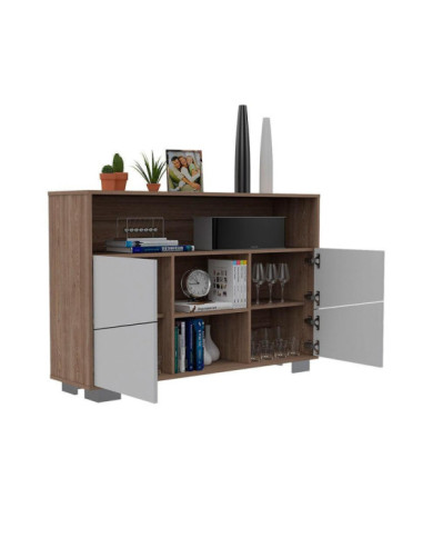 Mesa Auxiliar Recibidor Orus, Miel y Blanco, con Cuatro Puertas y Patas de Acero