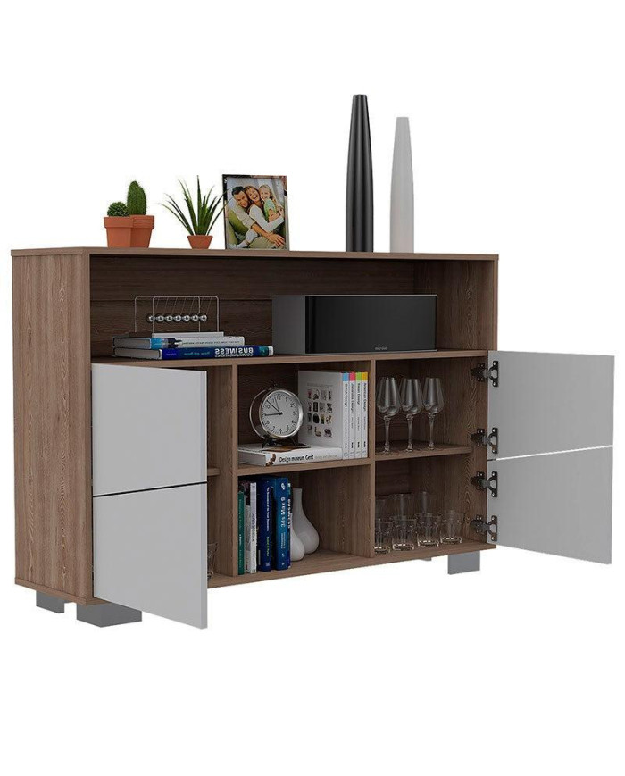 Mesa Auxiliar Recibidor Orus, Miel y Blanco, con Cuatro Puertas y Patas de Acero