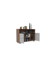 Mesa Auxiliar Recibidor Orus, Miel y Blanco, con Cuatro Puertas y Patas de Acero