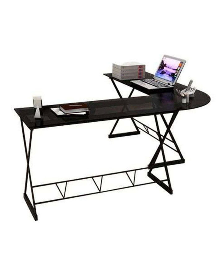 Escritorio En L Oporto, Negro, con Estructura Metálica y Superficie En Vidrio Templado