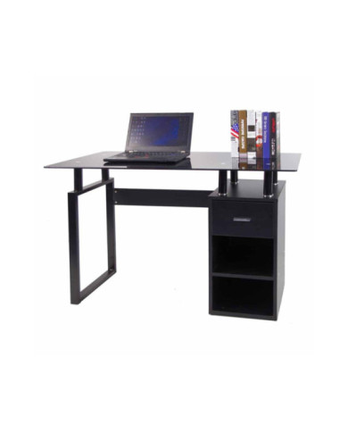 Escritorio de Metal París, Vidrio Wengue, con Un Cajón y Dos Entrepaños