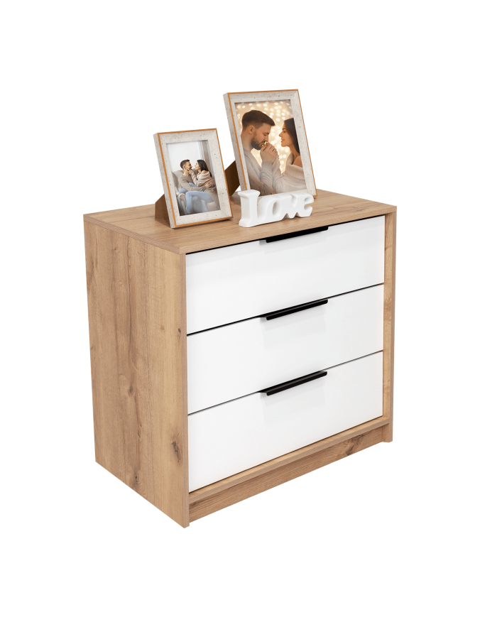 Organizador Wesley, Café Claro y Blanco, con Tres Cajones Multiusos y Manijas Metálicas