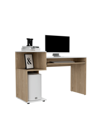 Escritorio Izan, Beige y Blanco, con Bandeja Porta Teclado Deslizable y Espacio Para Artículos de Estudio