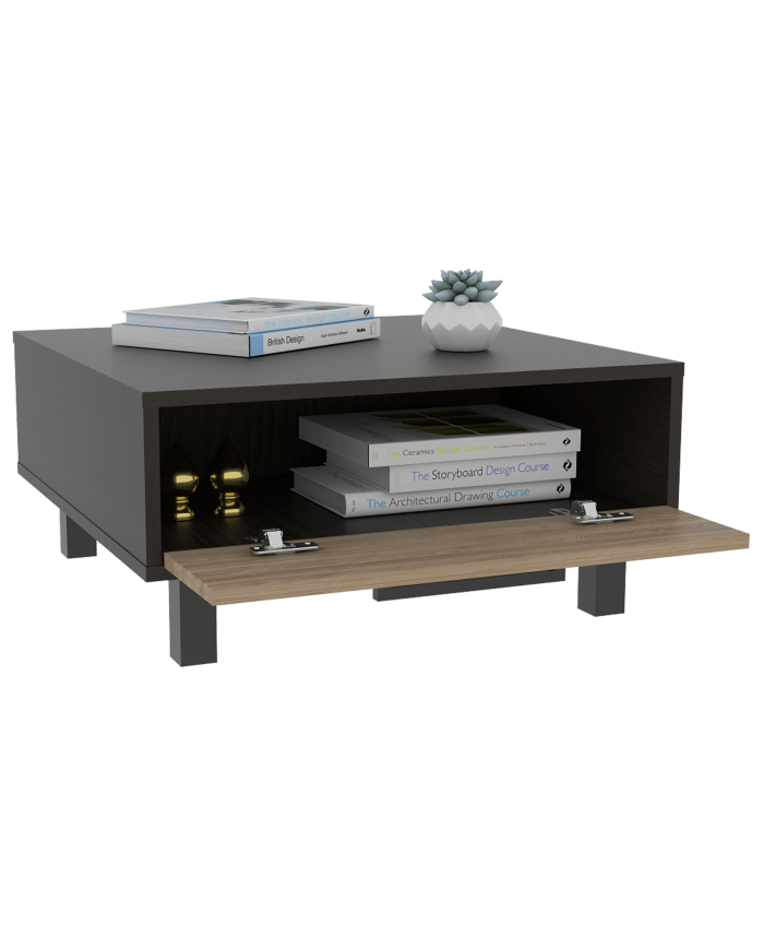 Mesa de Centro Wesley, Wengue y Miel, con Un Cajón Amplio y Patas En Acero