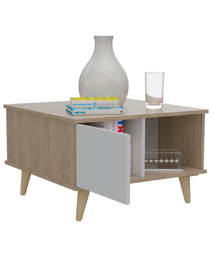 Mesa de Centro Bored, Beige y Blanco, con Una Puerta y Patas de Madera