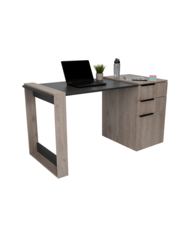 Escritorio Cosmo, Humo y Plata Oscuro, con Dos Cajones Multiusos y Un Cajón Archivador Adicional