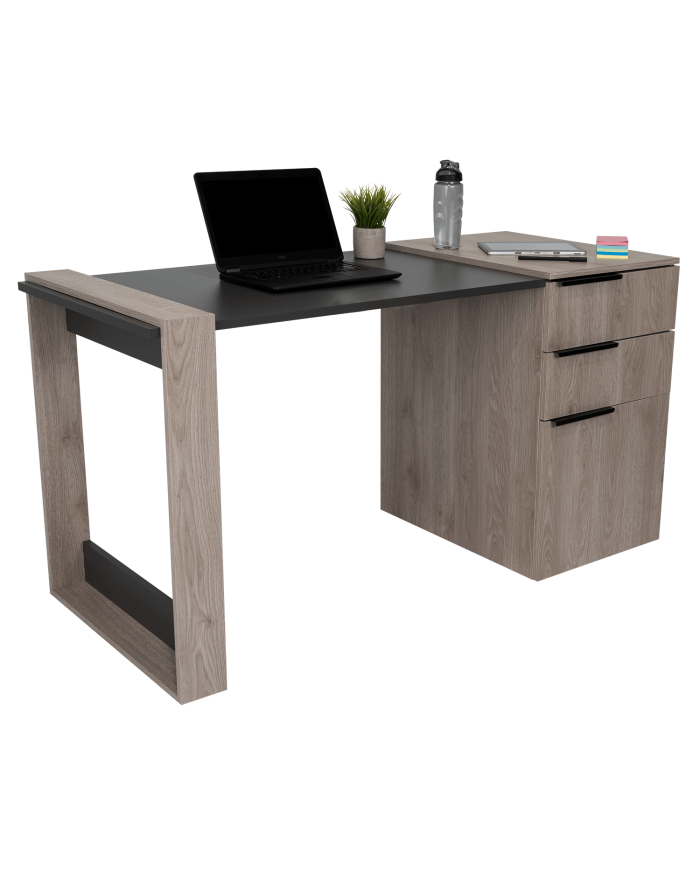Escritorio Cosmo, Humo y Plata Oscuro, con Dos Cajones Multiusos y Un Cajón Archivador Adicional