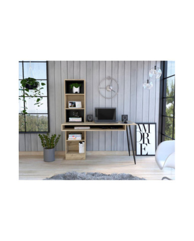 Escritorio Bonaire, Café Claro y Wengue, con Cuatro Entrepaños y Dos Módulos de Pared