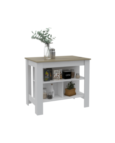 Mueble Auxiliar de Cocina Draco, Blanco y Café Claro, con Dos Entrepaños y Amplia Superficie En La Mesa