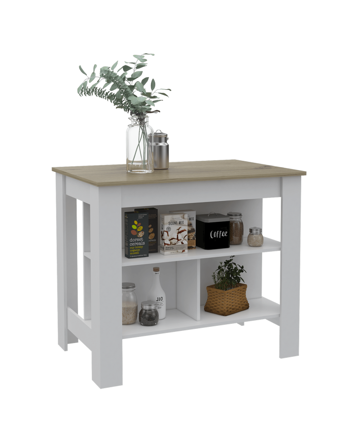 Mueble Auxiliar de Cocina Draco, Blanco y Café Claro, con Dos Entrepaños y Amplia Superficie En La Mesa