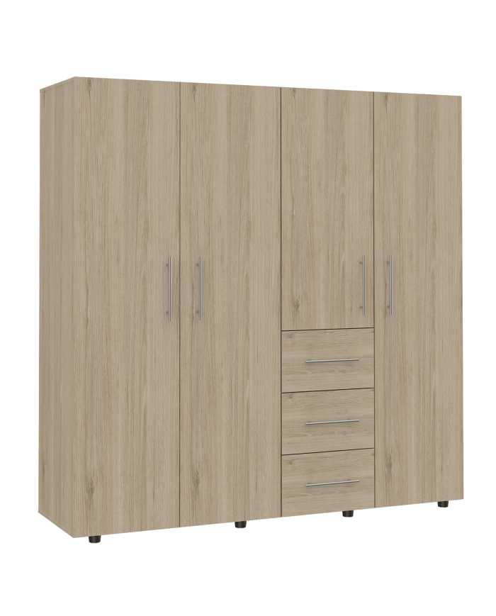 Closet Poche, Beige y Blanco, con Tres Cajones Multiusos y Cuatro Puertas Batientes