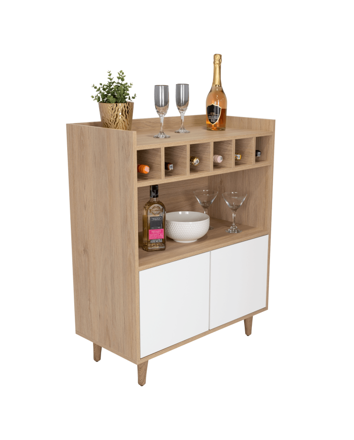 Bar Burdeos, Beige y Blanco, con Espacio Para Botellas y Porta Copas