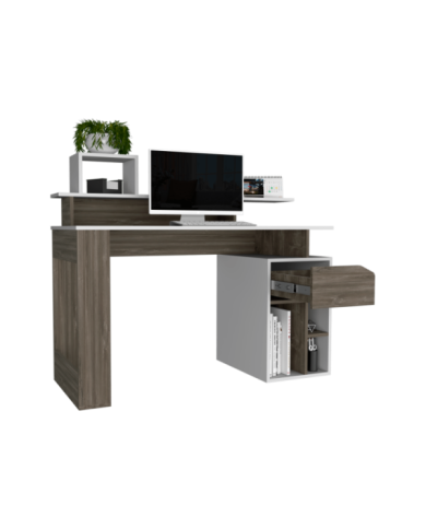 Escritorio Ámsterdam, Blanco y Avellana, con Un Cajón Deslizable y Múltiples Entrepaños