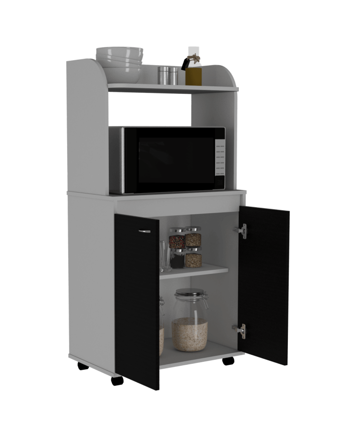 Módulo Microondas Giotto, Blanco y Wengue,  con Rodachinas y Amplio Espacio