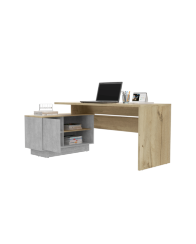 Escritorio En L Dione, Café Claro y Cemento, con Amplia Superficie de Trabajo