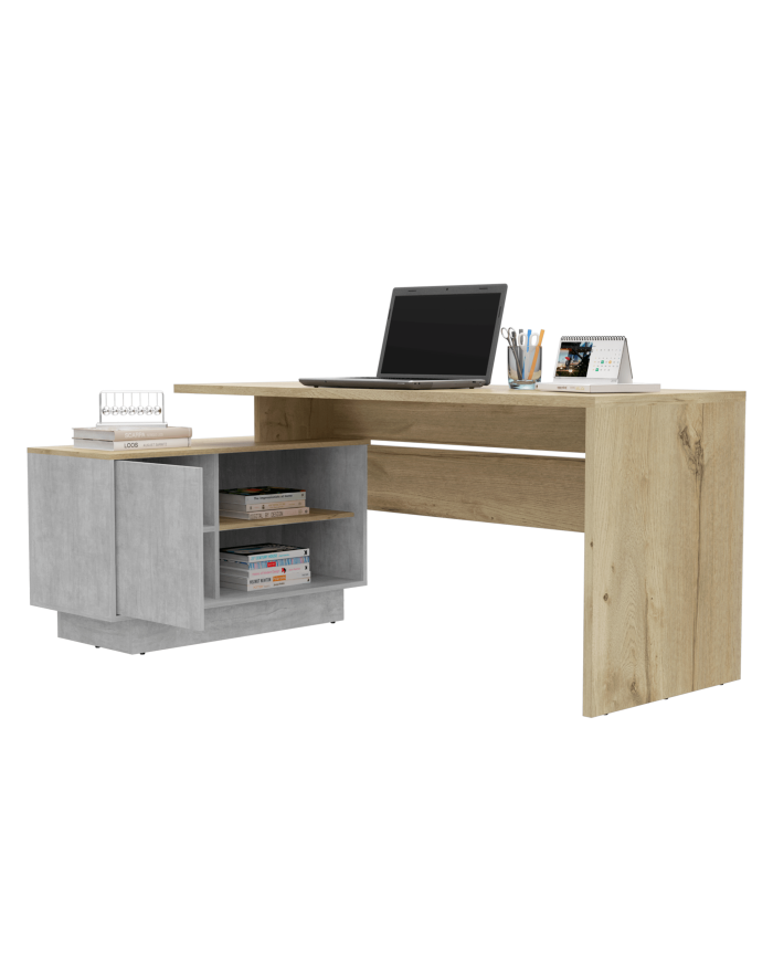 Escritorio En L Dione, Café Claro y Cemento, con Amplia Superficie de Trabajo