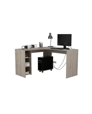 Escritorio En L Dafne, Humo, con Dos Entrepaños y Base con Rodachinas Para Fácil Desplazamiento Hc