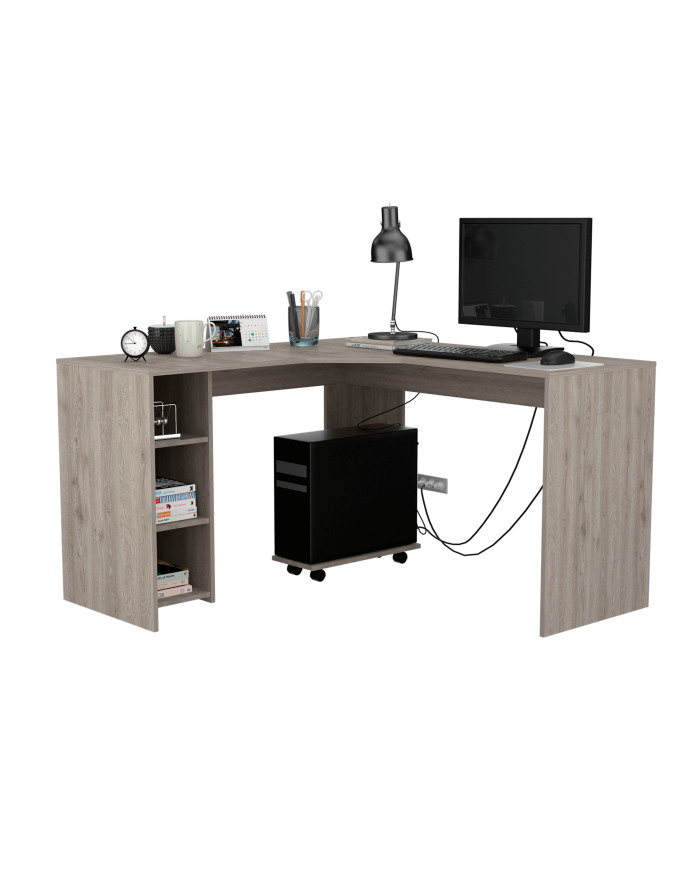 Escritorio En L Dafne, Humo, con Dos Entrepaños y Base con Rodachinas Para Fácil Desplazamiento Hc