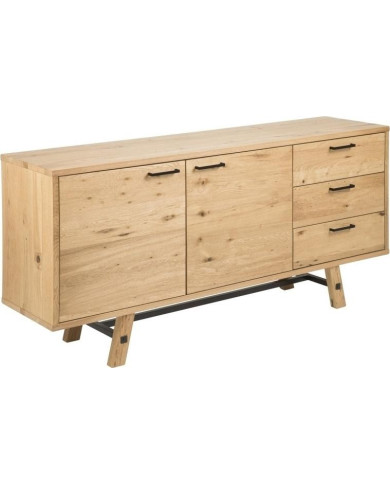 Estocolmo Aparador chapa sólido roble cepillado salvaje, puertas  2 piezas, cajones 3 PC, carril de soporte de metal negro