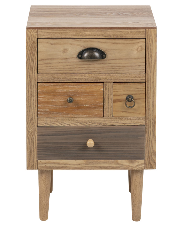 Thais mesa de cama lado, MDF ceniza chapa de madera, colores teñidos de color marrón, laca clara, 4 cajones, piernas Ash, laca