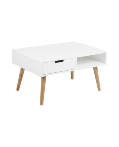 Mitra blanco madera mesa de café, cajones PC 1 de almacenamiento, patas de madera de roble L     80 W     60 H     45,5 cm