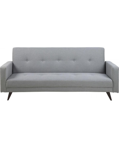 sofá cama Leconi Córcega tela gris claro 40, botones, patas de madera de color marrón oscuro