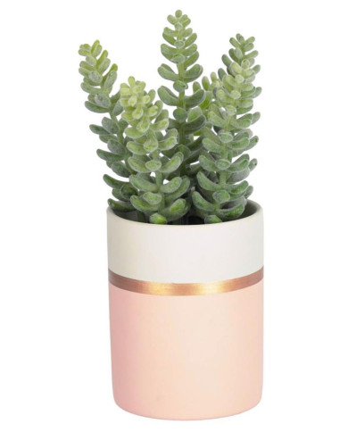 Planta artificial Sedum lucidum con maceta de cerámica rosa 19 cm