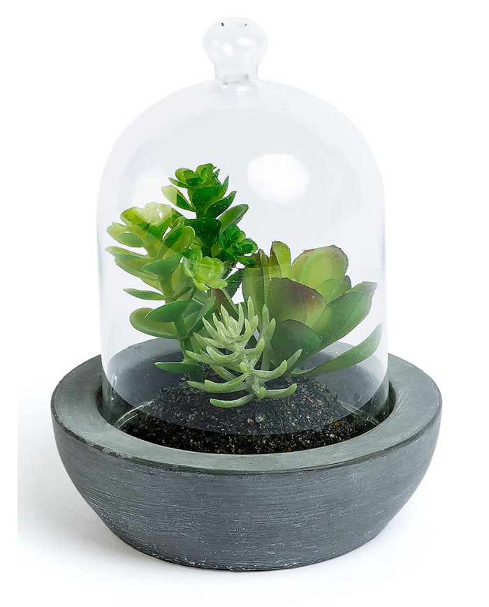 Mix suculentas artificial con maceta de cerámica y cristal 13 cm