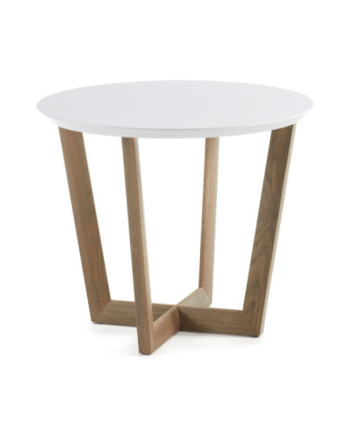 Mesa auxiliar redonda con estructura de madera de roble patina gris. Sobre en tablero de fibra de madera lacada mate.