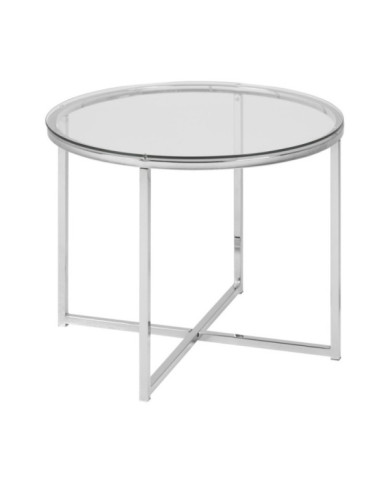 Mesa de centro cruzada    diam        55 cm tapa de cristal - patas plateadas