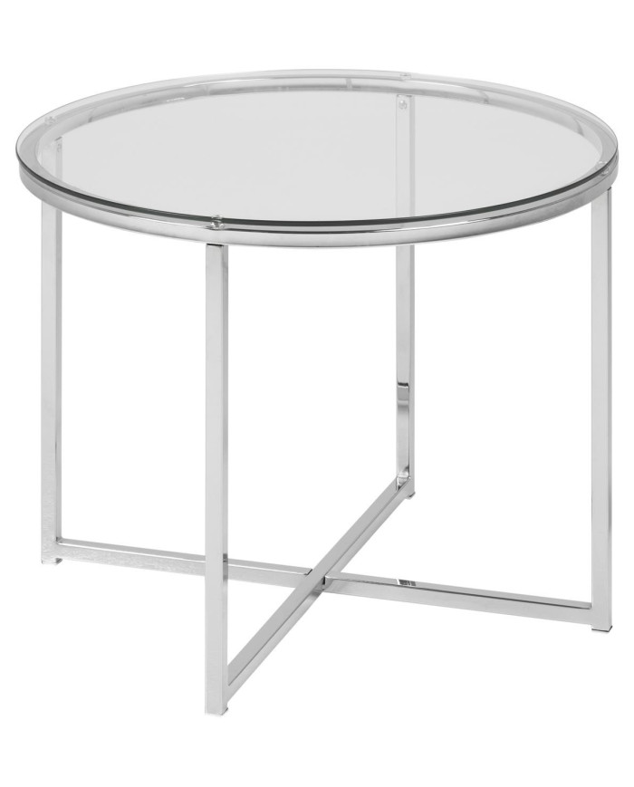 Mesa de centro cruzada    diam        55 cm tapa de cristal - patas plateadas