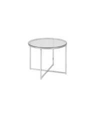 Mesa de centro cruzada    diam        55 cm tapa de cristal - patas plateadas