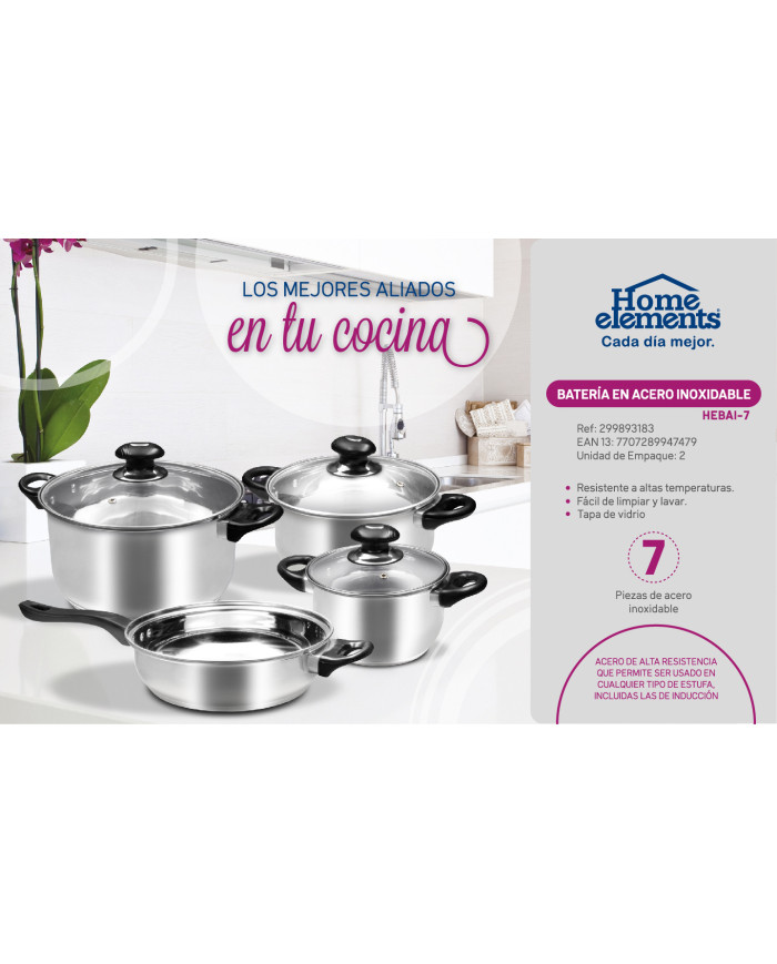 Bateria 7 Pzas  Acero Inox T/V Home Elements