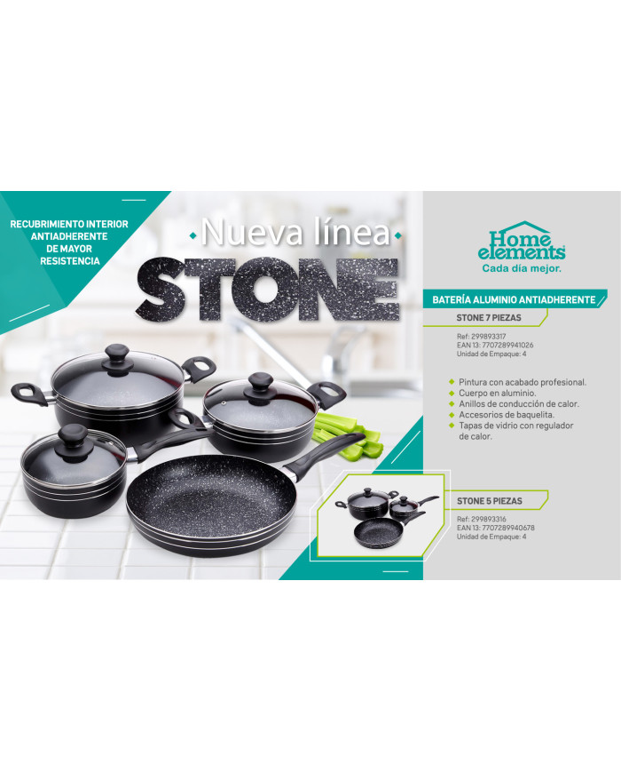 Bateria 7 Pzas Alum 1,8Mm Negra Interior Antiadherente Stone