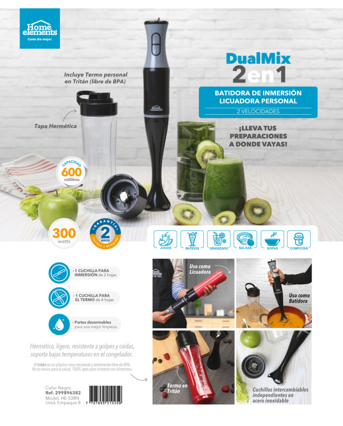 Batidora De Inmersion + Jarra Personal Tritan 300W He-538N