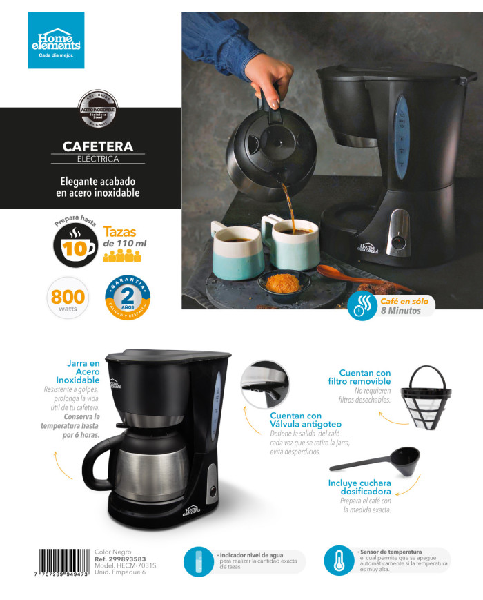 Cafetera Electrica 10 Tazas Jarra Acero Home Elements