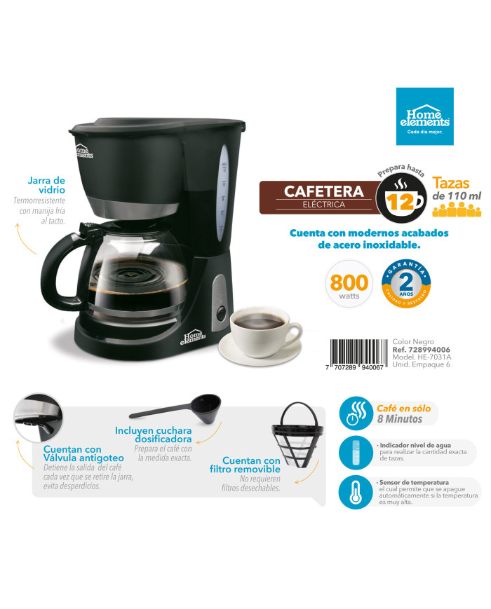 Cafetera Electrica 12 Tazas Mod He 7031 A Home Elements