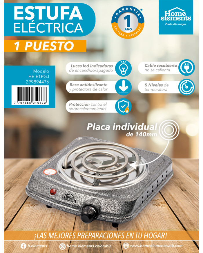 Estufa 1P Electrica 1.000W He-E1 Pgj Gris Jaspeado