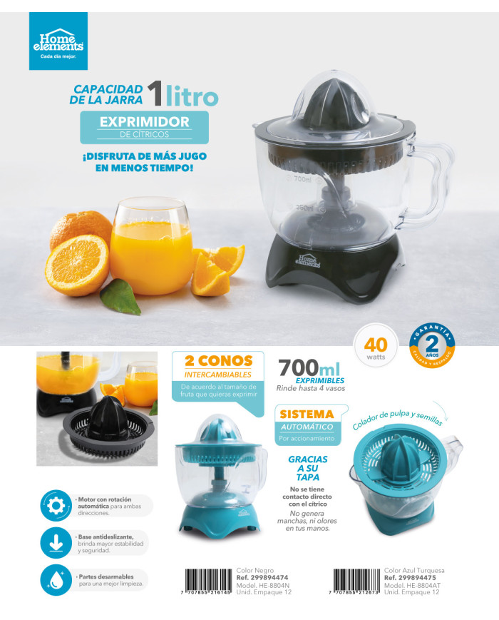 Exprimidor De Jugo 1L Negro He-8804N