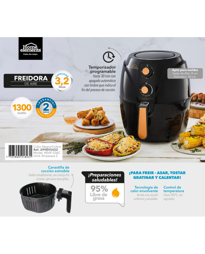 Freidora Aire / Sin Aceite Ref. He-Kdf536 Negra - Copper 3,2
