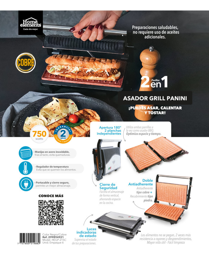 Grill Asador Panini 180 Cobre He-215