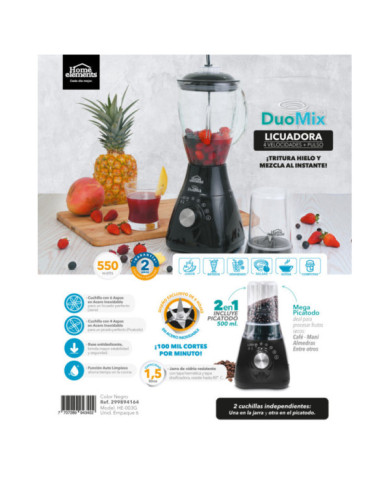 Licuadora Duo Mix Pro Vaso Vidrio + Chopper 550W He003G