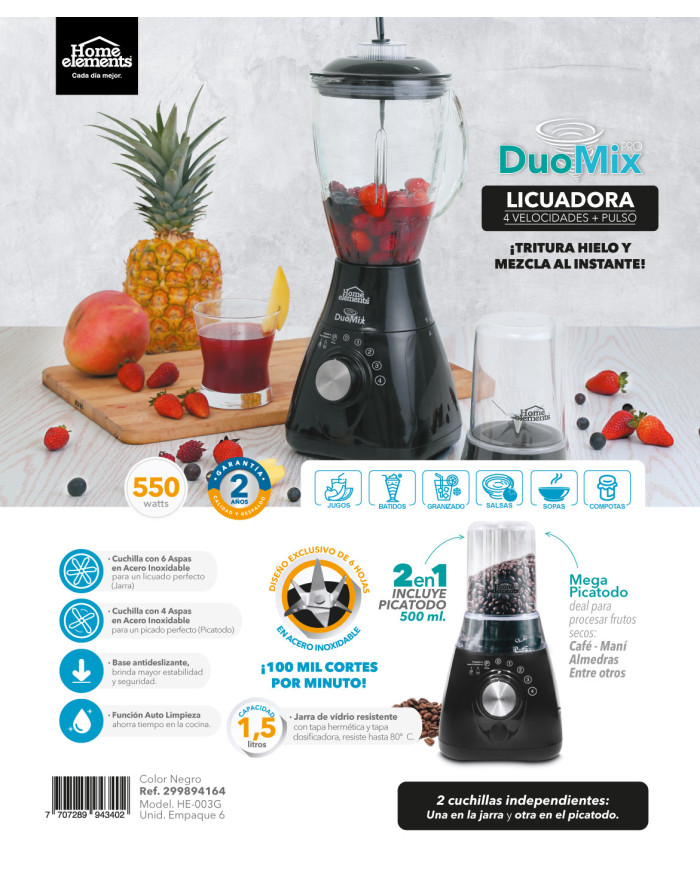Licuadora Duo Mix Pro Vaso Vidrio + Chopper 550W He003G