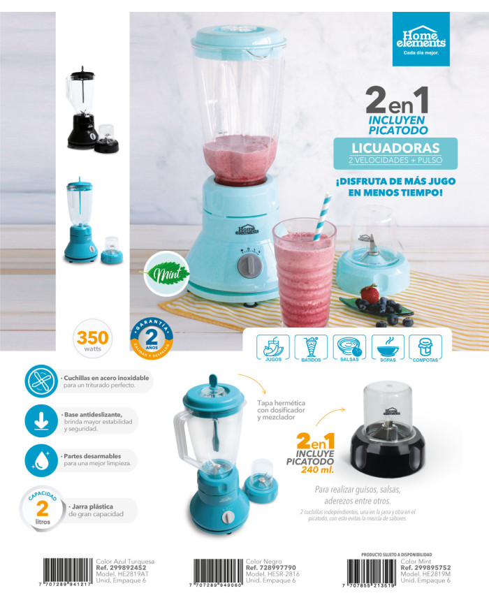 Licuadora He2819At Con Picatodo Azul Turquesa 2 Ve Mas Pulso