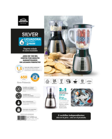 Licuadora Hebl1055N Vaso Vidrio C/Picat Silver 6 Vel+2 Pulso