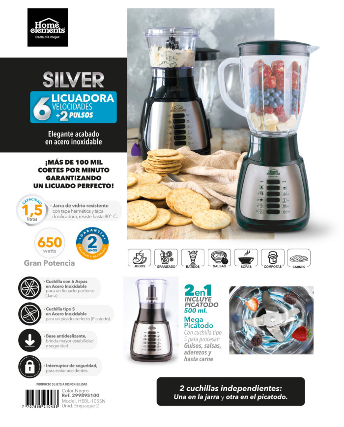 Licuadora Hebl1055N Vaso Vidrio C/Picat Silver 6 Vel+2 Pulso