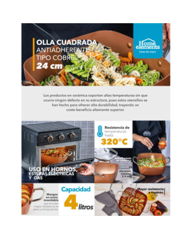 Olla 24 Cm Cuadrada Cobre Tapa Vidrio Ceramica