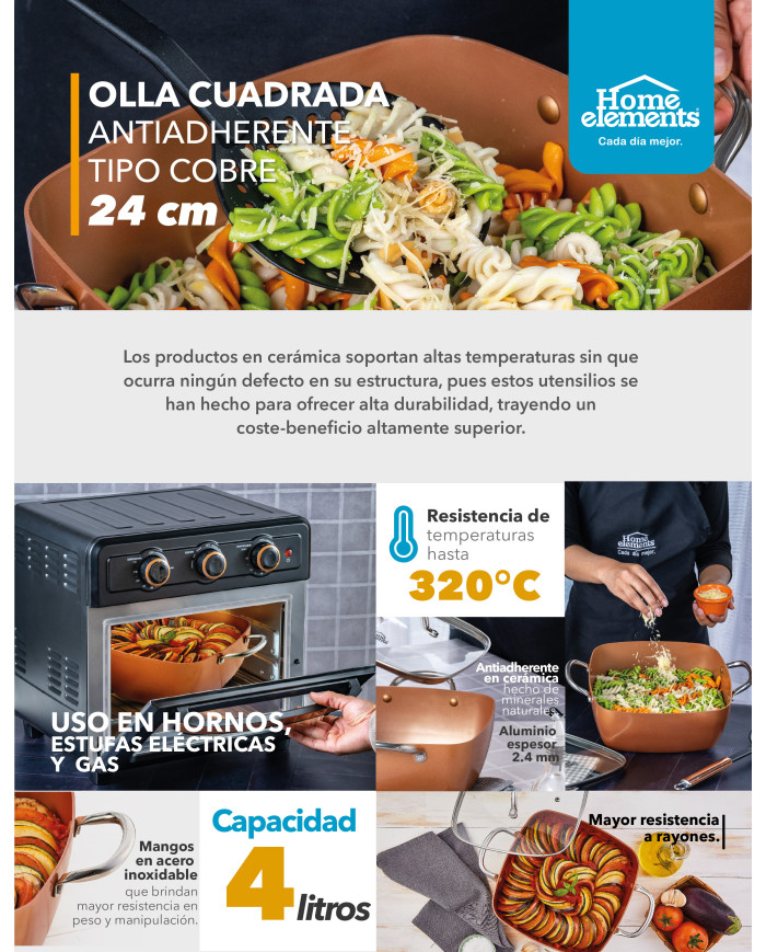 Olla 24 Cm Cuadrada Cobre Tapa Vidrio Ceramica