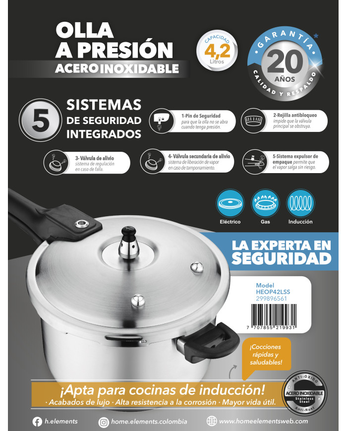 Olla A Presion 4,2Lt Acero Inox. Modelo Heopss42L